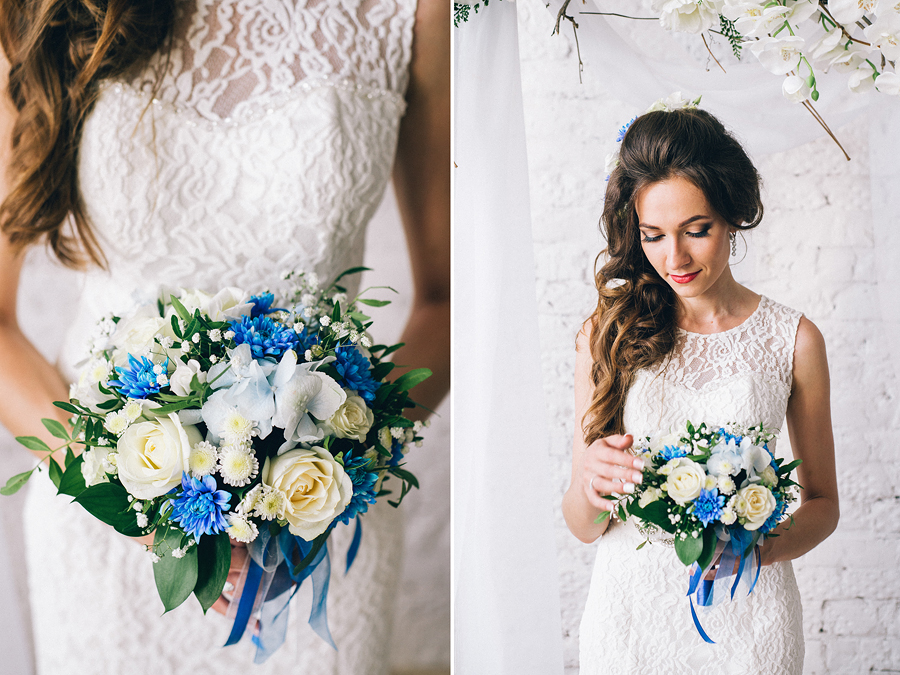 букет невесты с голубыми цветами